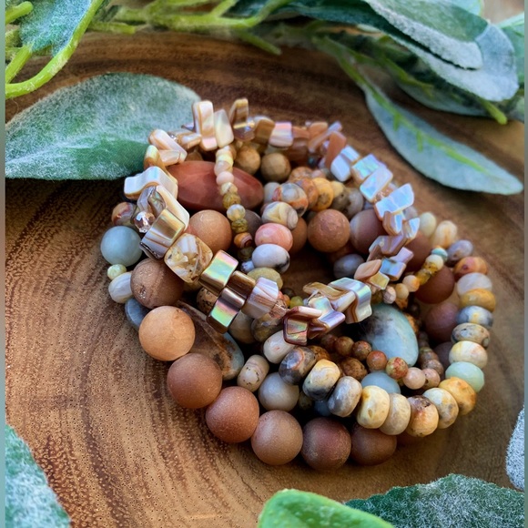 Natural Multicolored Agate, Amazonite & Unakite Gemstone Mix Bead Bracelet Stack - Picture 7 of 10